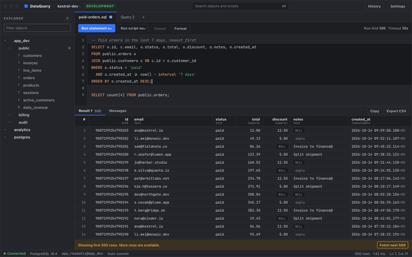DataQuery workspace with a schema tree, SQL editor and query results